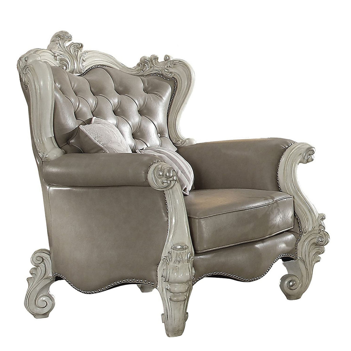 Wooden Chair With Scalloped Base And Loose Seat Cushions, Gray