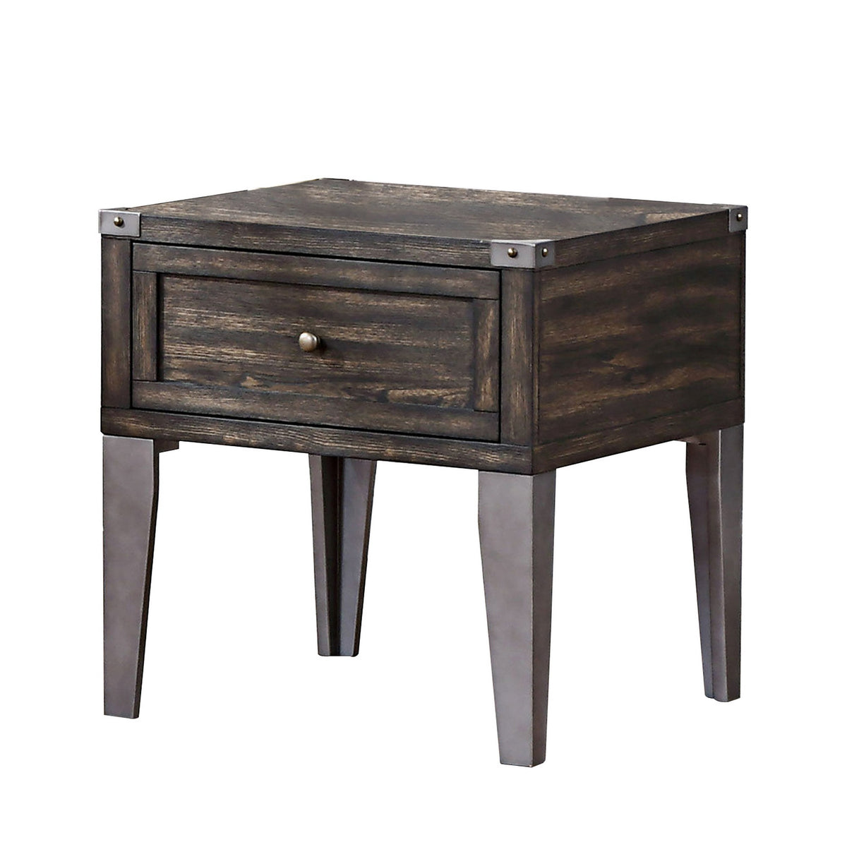 1 Drawer Wooden End Table With Metal Angled Legs, Brown