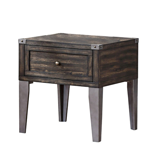 1 Drawer Wooden End Table With Metal Angled Legs, Brown