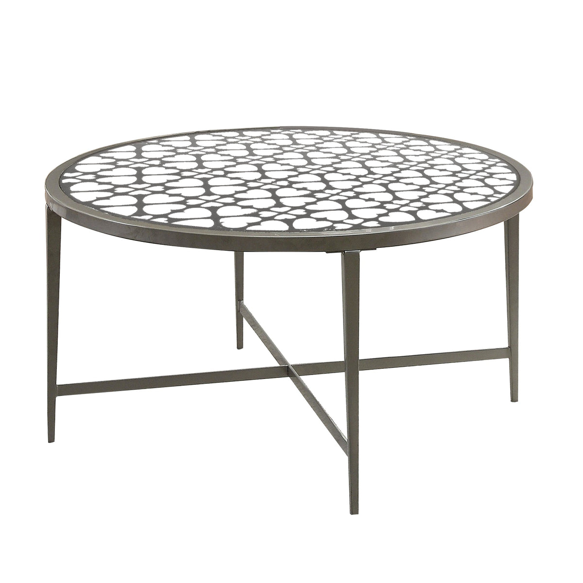 Round Glass Top Coffee Table With X Support Metal Base, Silver