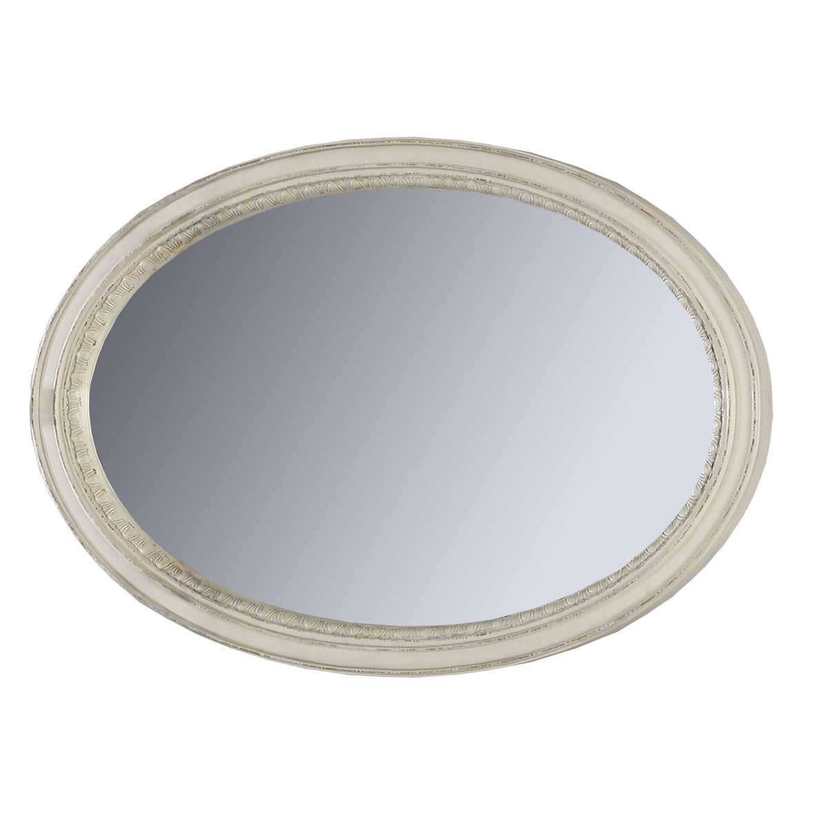 Oval Shaped Wooden Mirror With Molded Details, Antique White