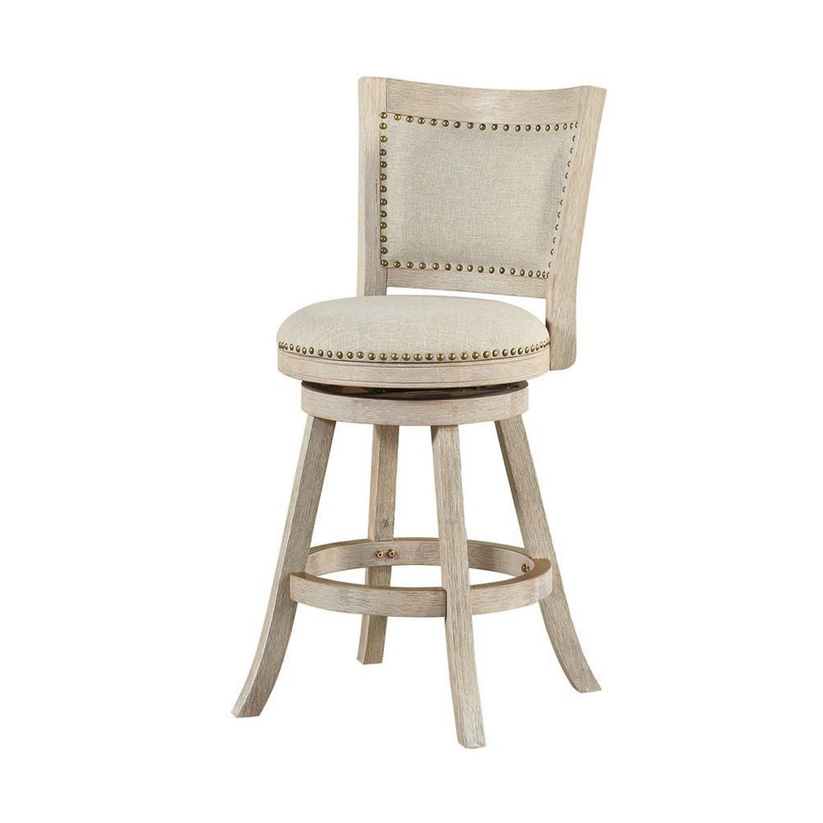 Curved Back Wood Swivel Counter Stool, Nailhead Trim, Driftwood Wirebrush, Ivory