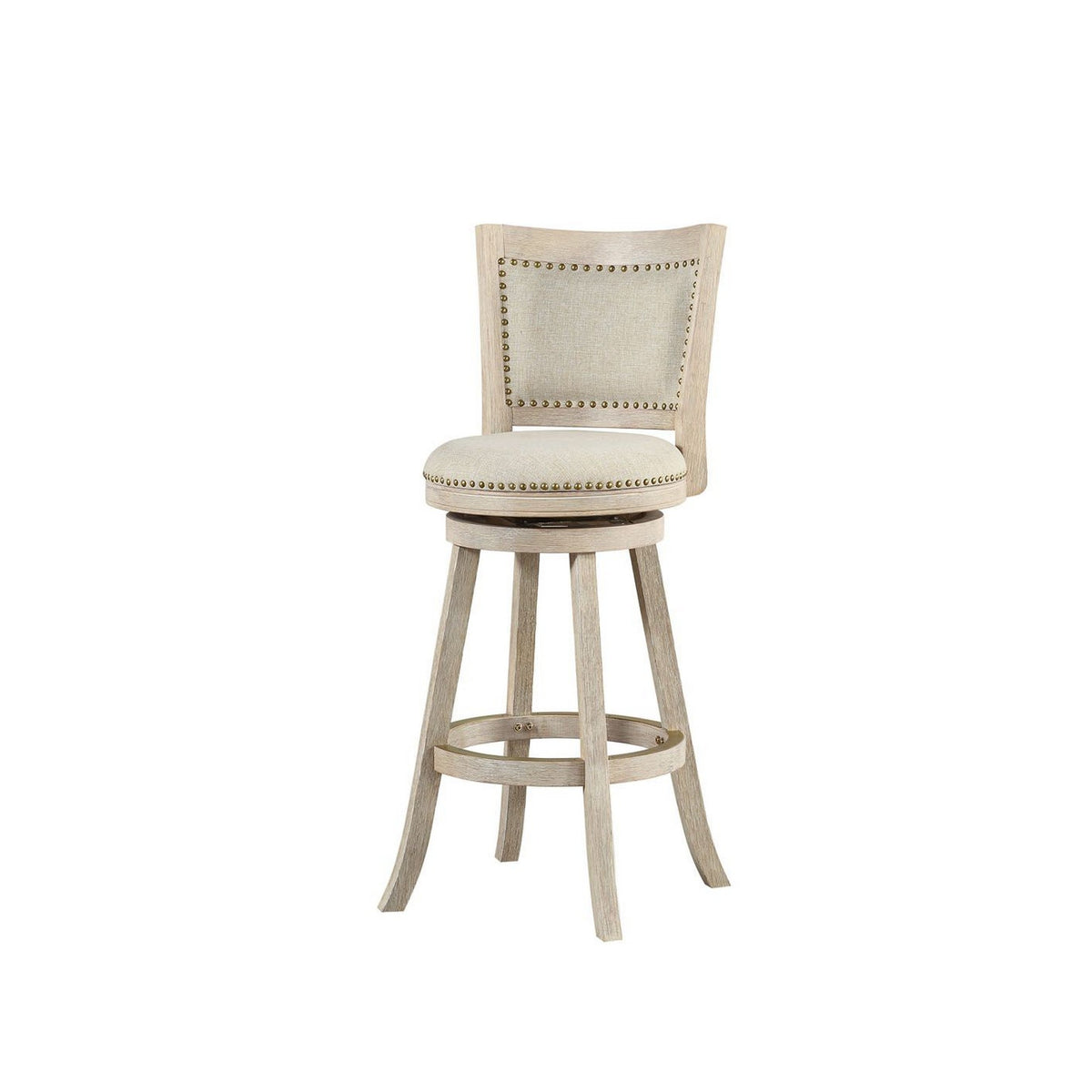 29 Inch Curved Back Wooden Swivel Bar Stool With Nailhead Trim, Gray