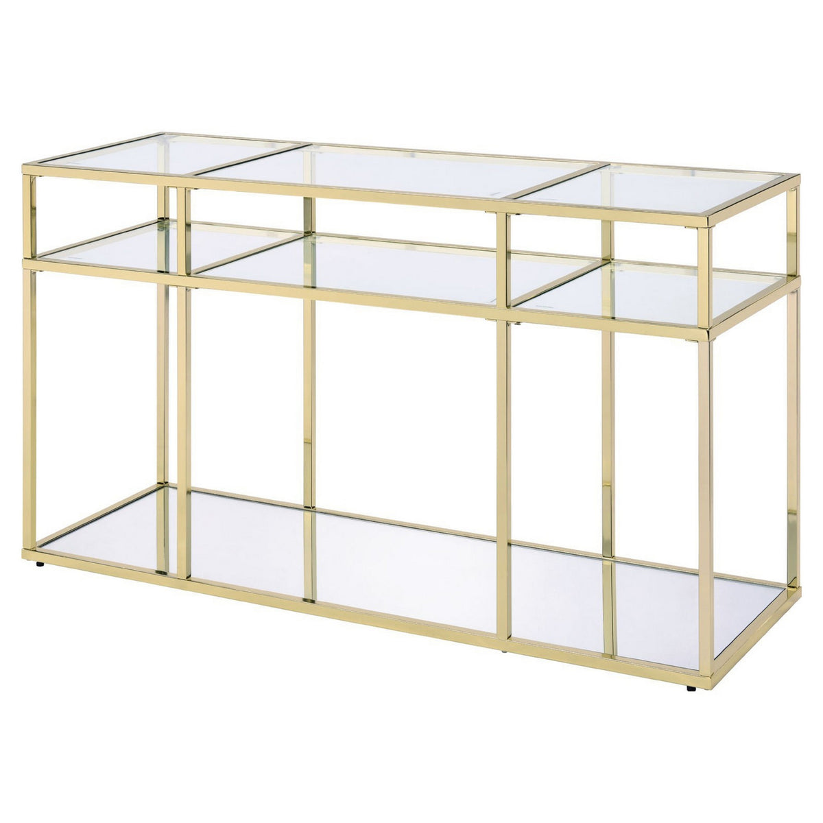 3 Tier Sofa Table With Glass Shelves And Metal Frame, Gold