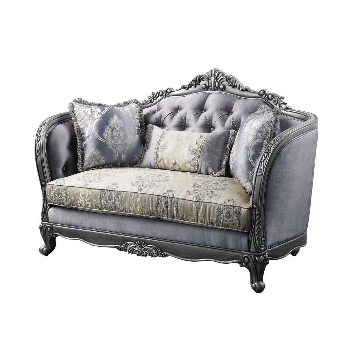 Loveseat With Scrolled Molded Frame And Queen Anne Legs, Gray