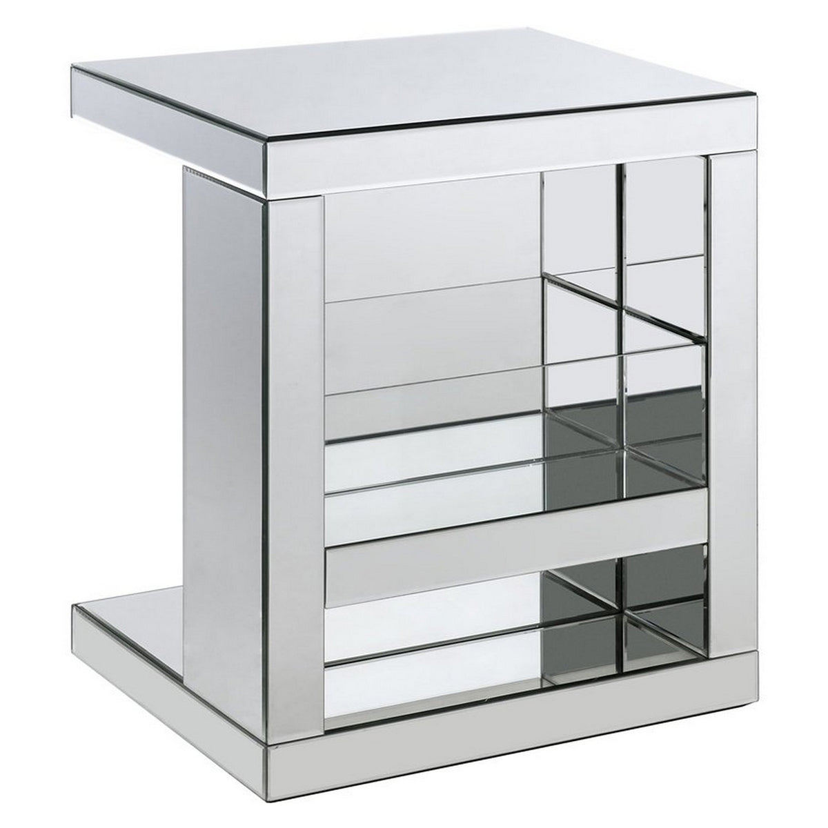 Accent Table With Mirrored Panels And C Shape, Silver