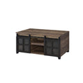 Coffee Table With 2 Barn Sliding Glass Doors And Pull Out Tray, Brown
