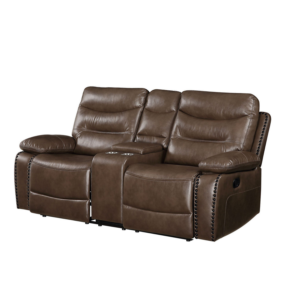 Motion Loveseat With Leatherette Upholstery And Tufted Seat, Brown