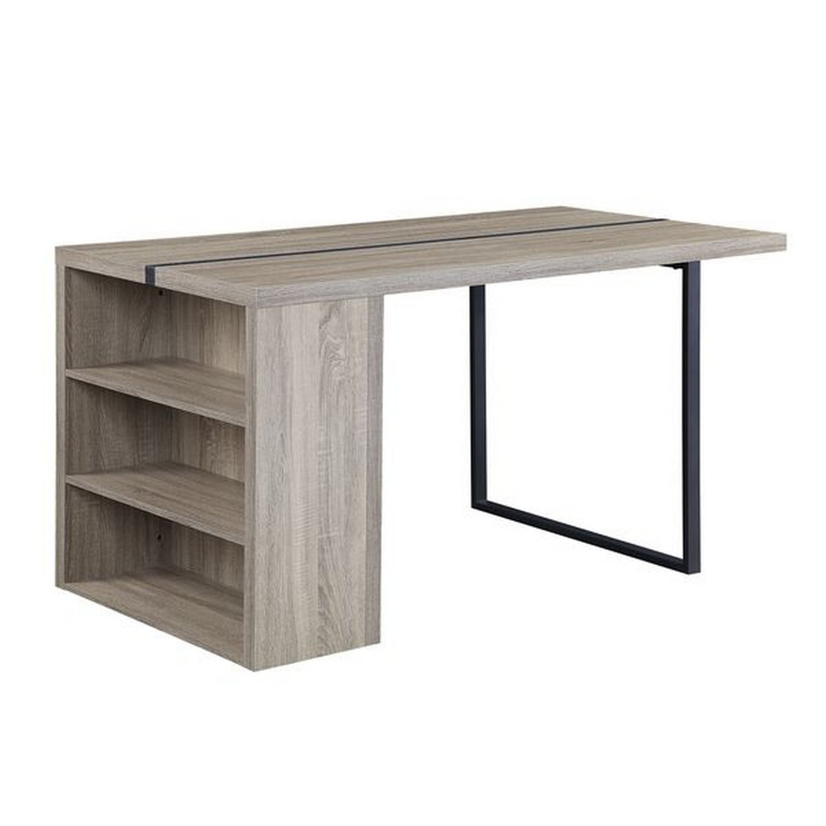 Dining Table With 3 Side Open Compartments And Metal Trim Inlay, Oak Gray