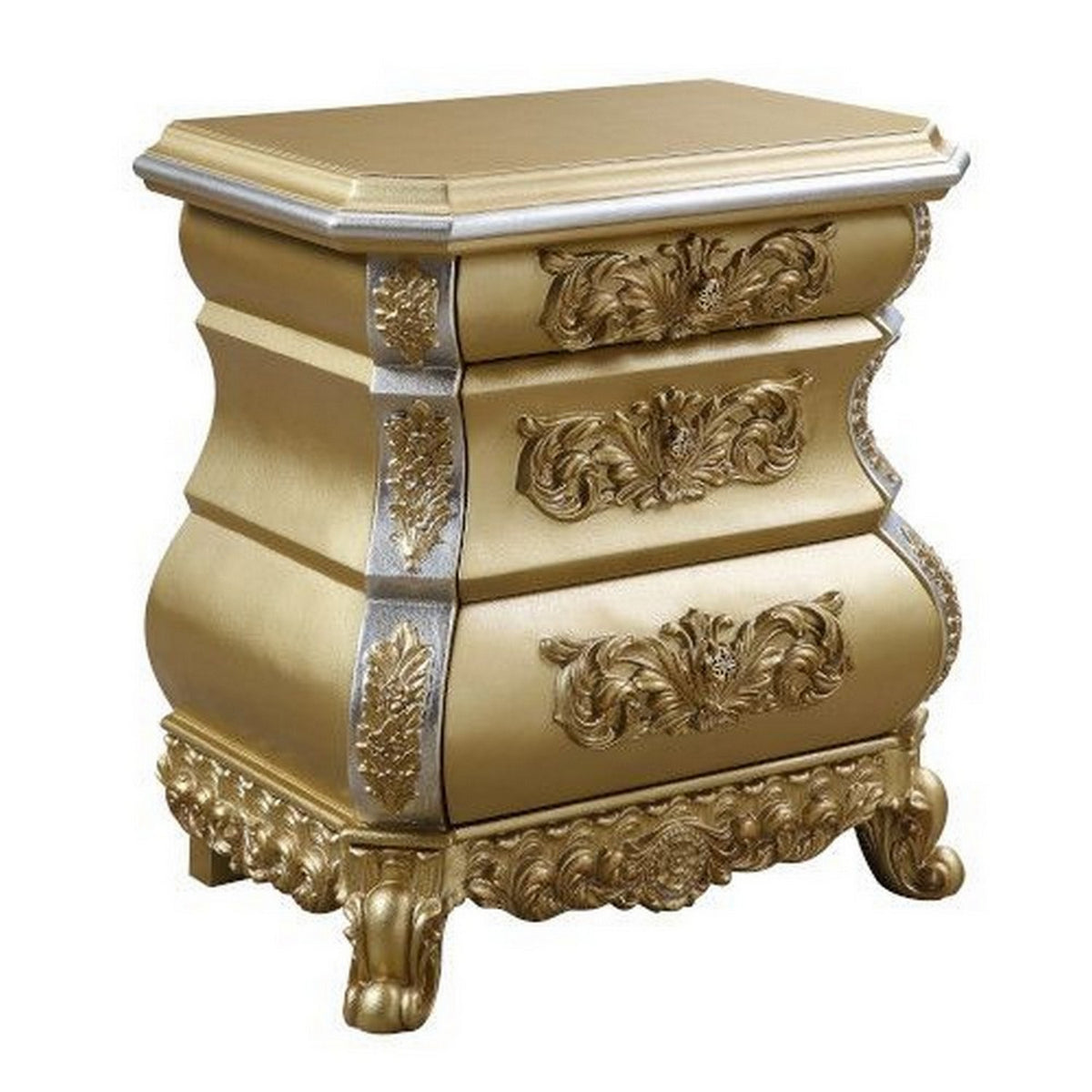 Nightstand With Bombe Shaped And 3 Carved Drawers, Gold
