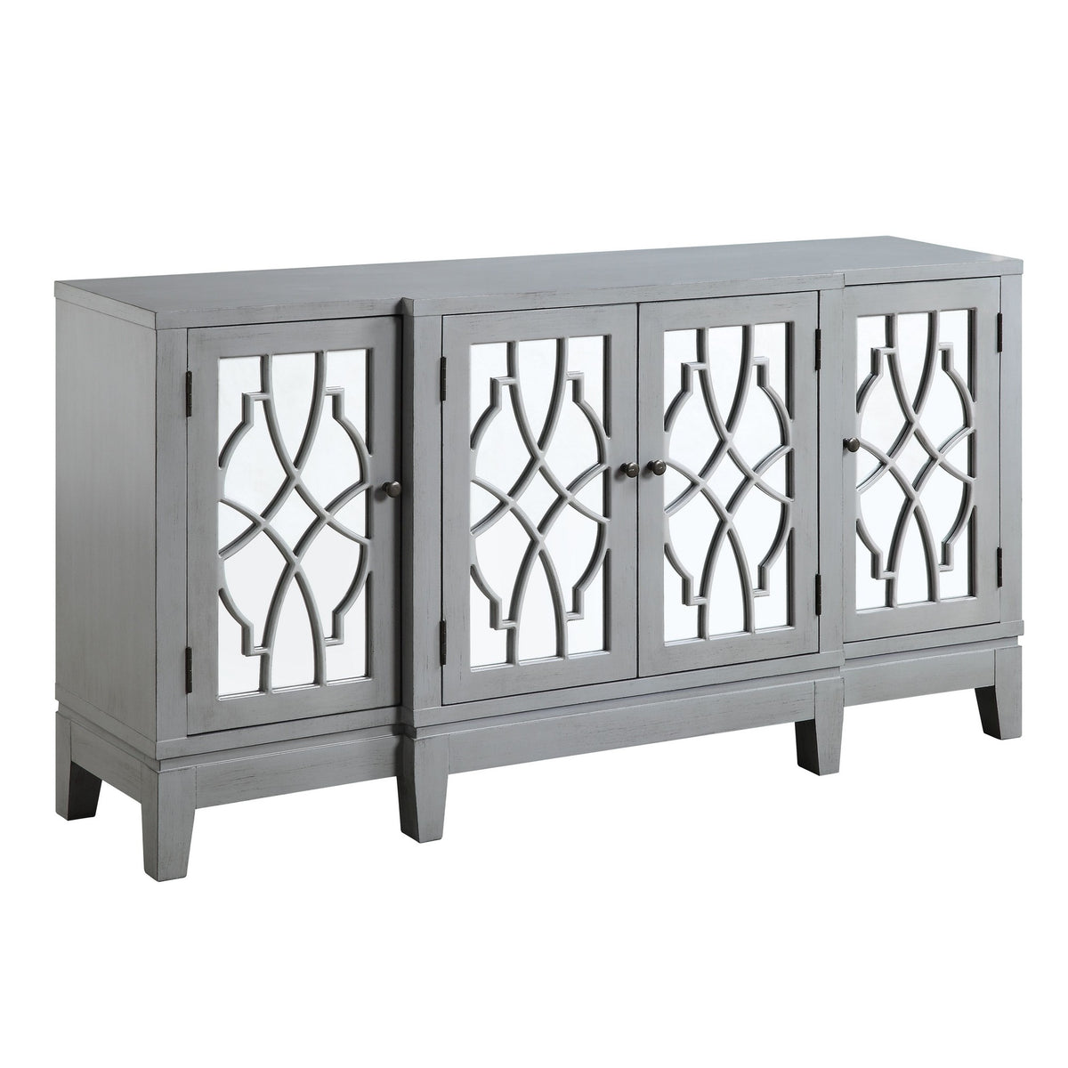 Console Table With 4 Glass Doors And Geometric Front, Gray