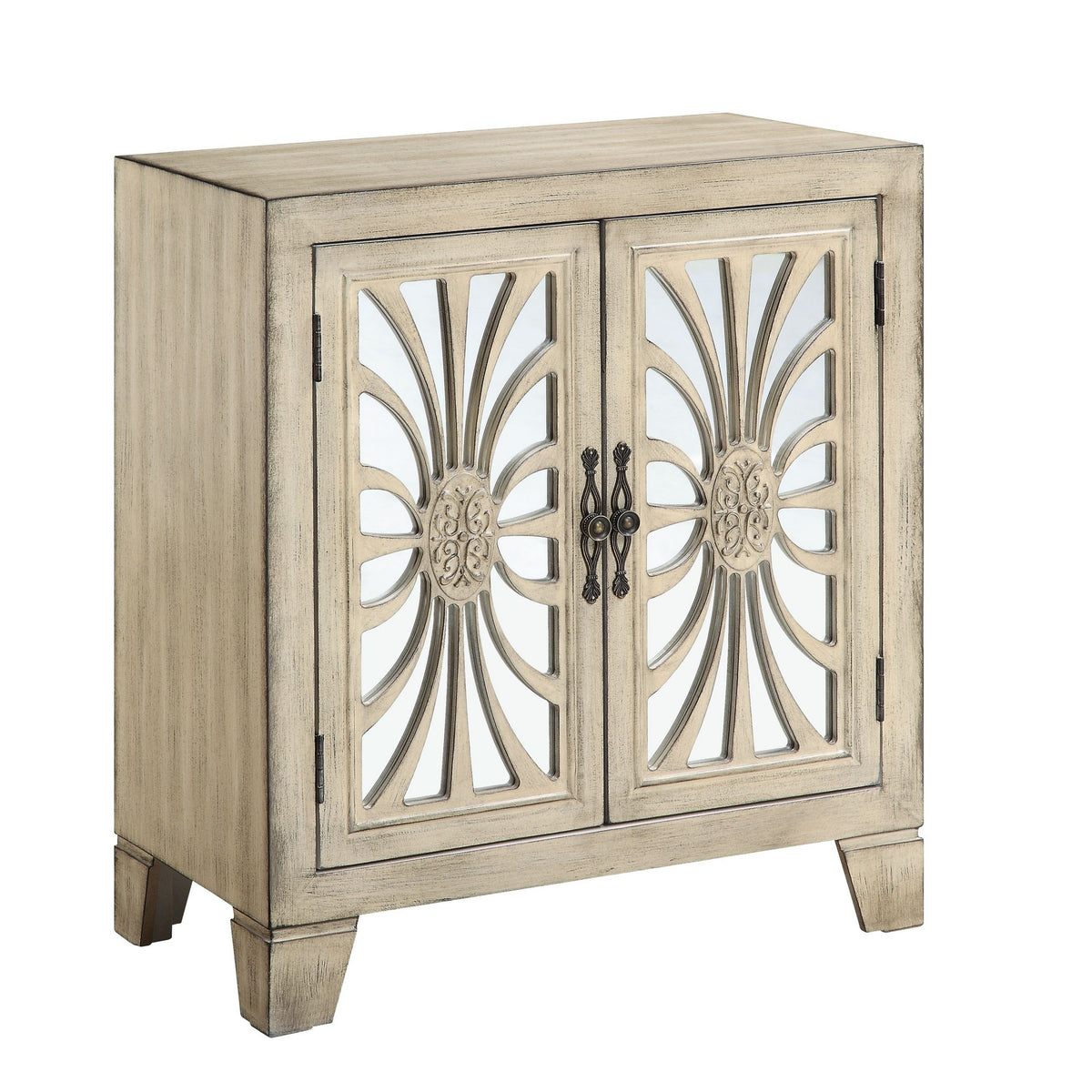 Console Table With 2 Glass Doors And Floral Motif, Antique White