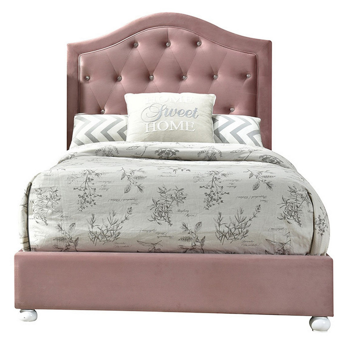 Twin Bed With Button Tufted Arched Headboard, Pink