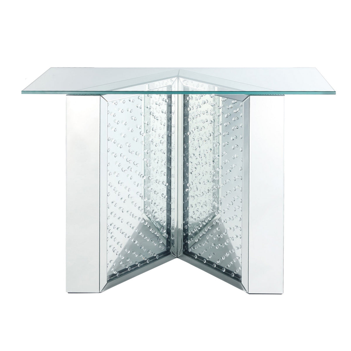 Console Table With Mirrored V Shaped Base, Silver