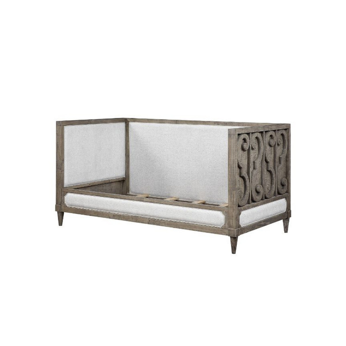 Daybed With Fabric Upholstery And Carvings, Weathered Brown