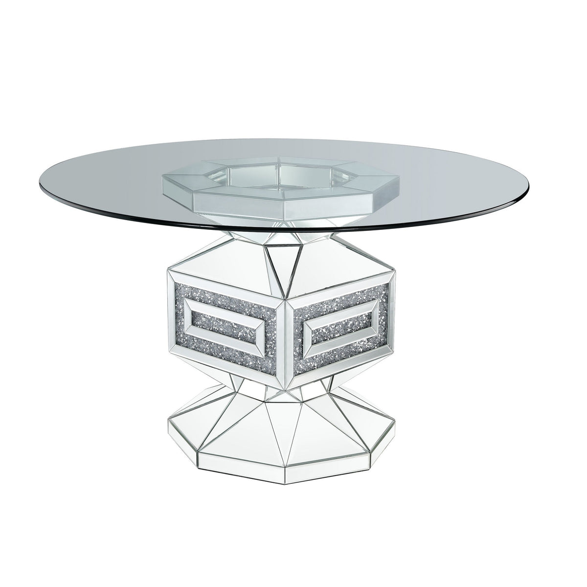 Dining Table With Glass Top And Mirrored Pedestal Base, Silver