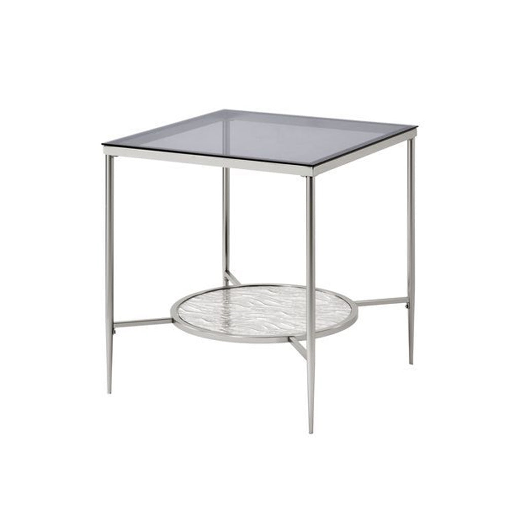 End Table With Textured Round Shelf, Silver