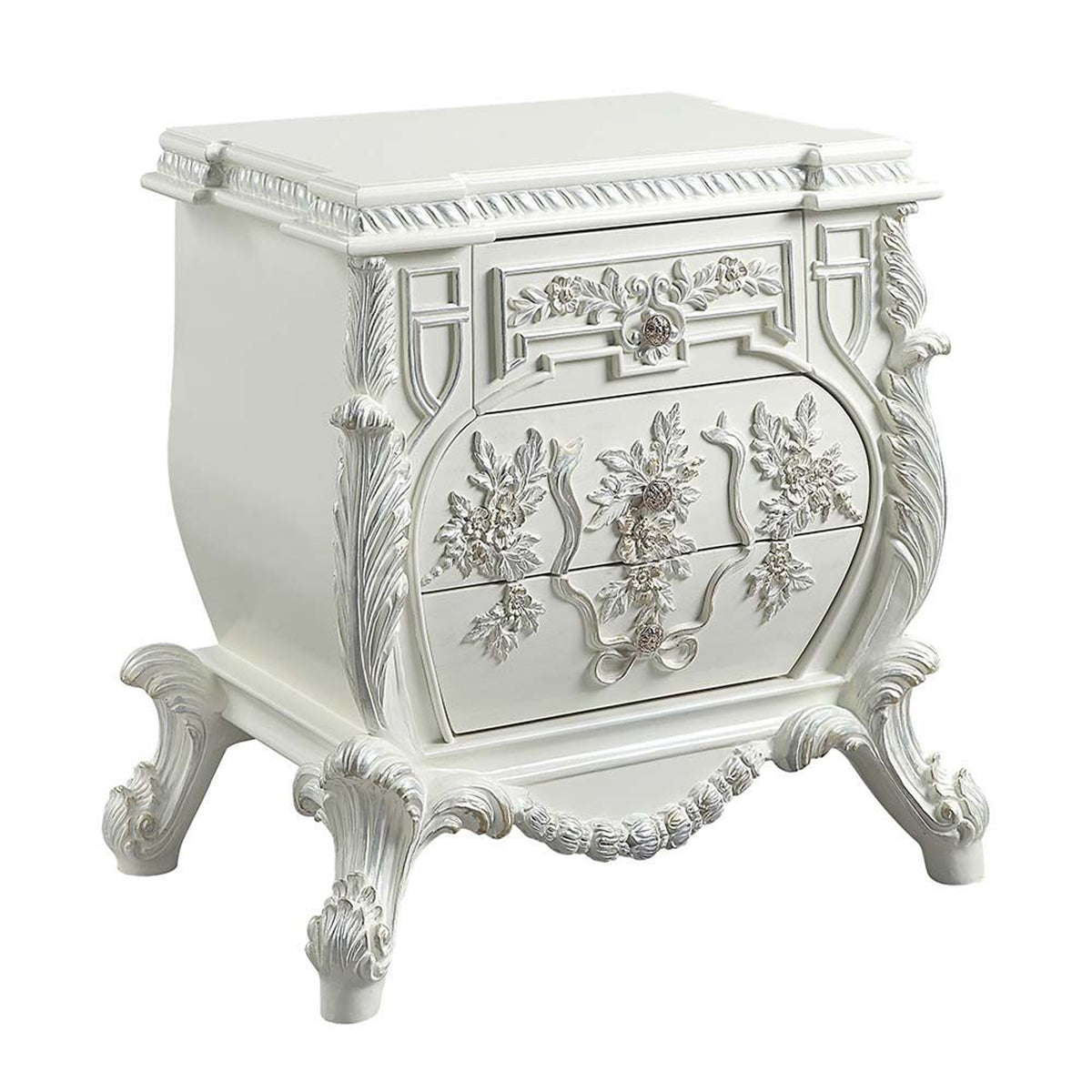 Nightstand With Ornate Floral Accent And 3 Drawers, Antique White