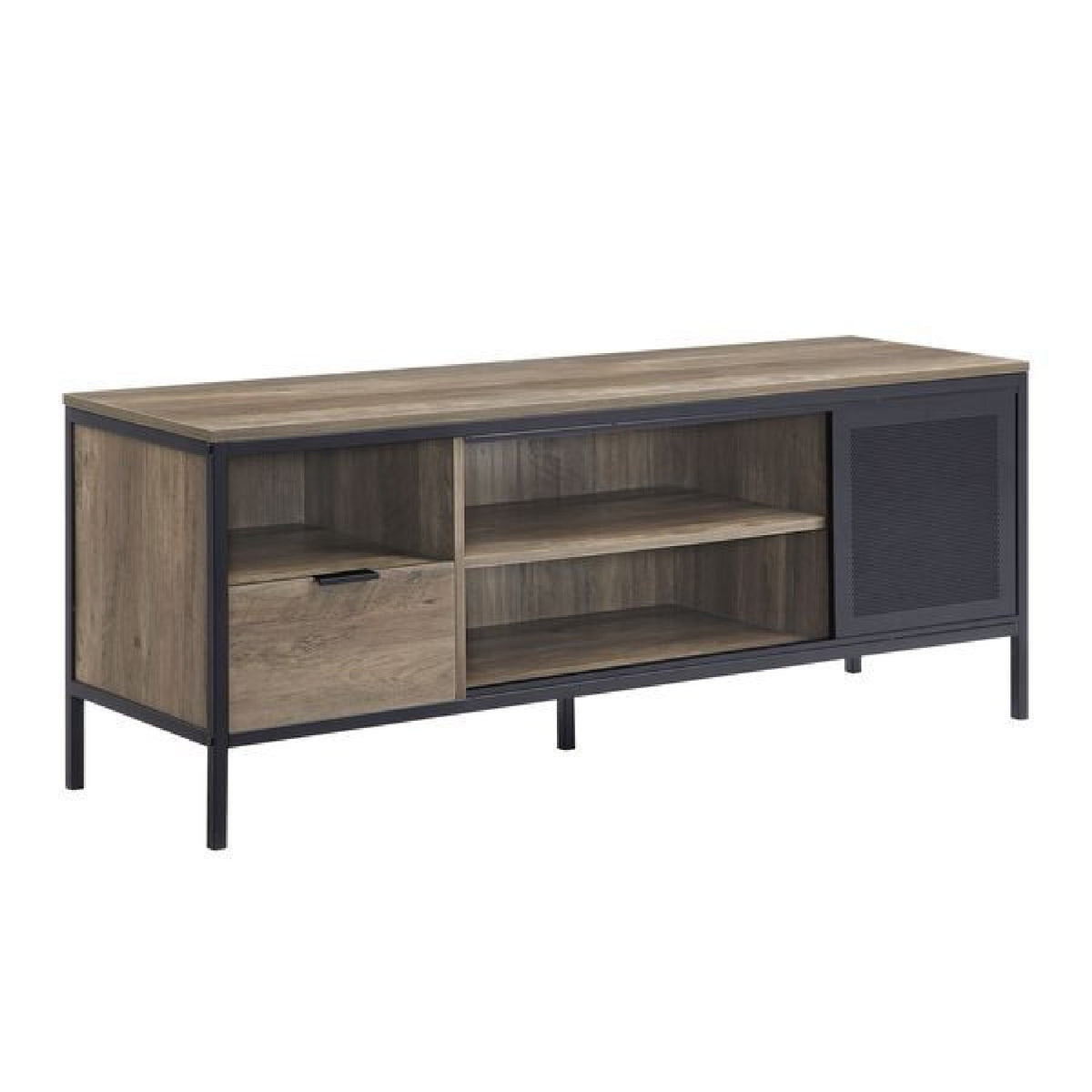 Tv Stand With 1 Drawer And Open Compartments, Brown And Black