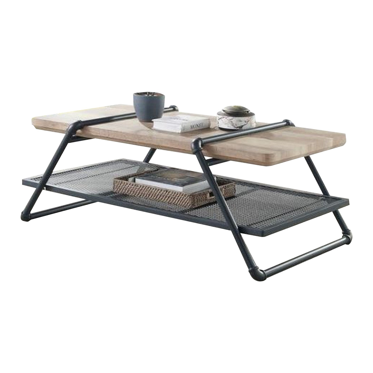 Coffee Table With Wooden Top And Mesh Shelf, Brown And Black