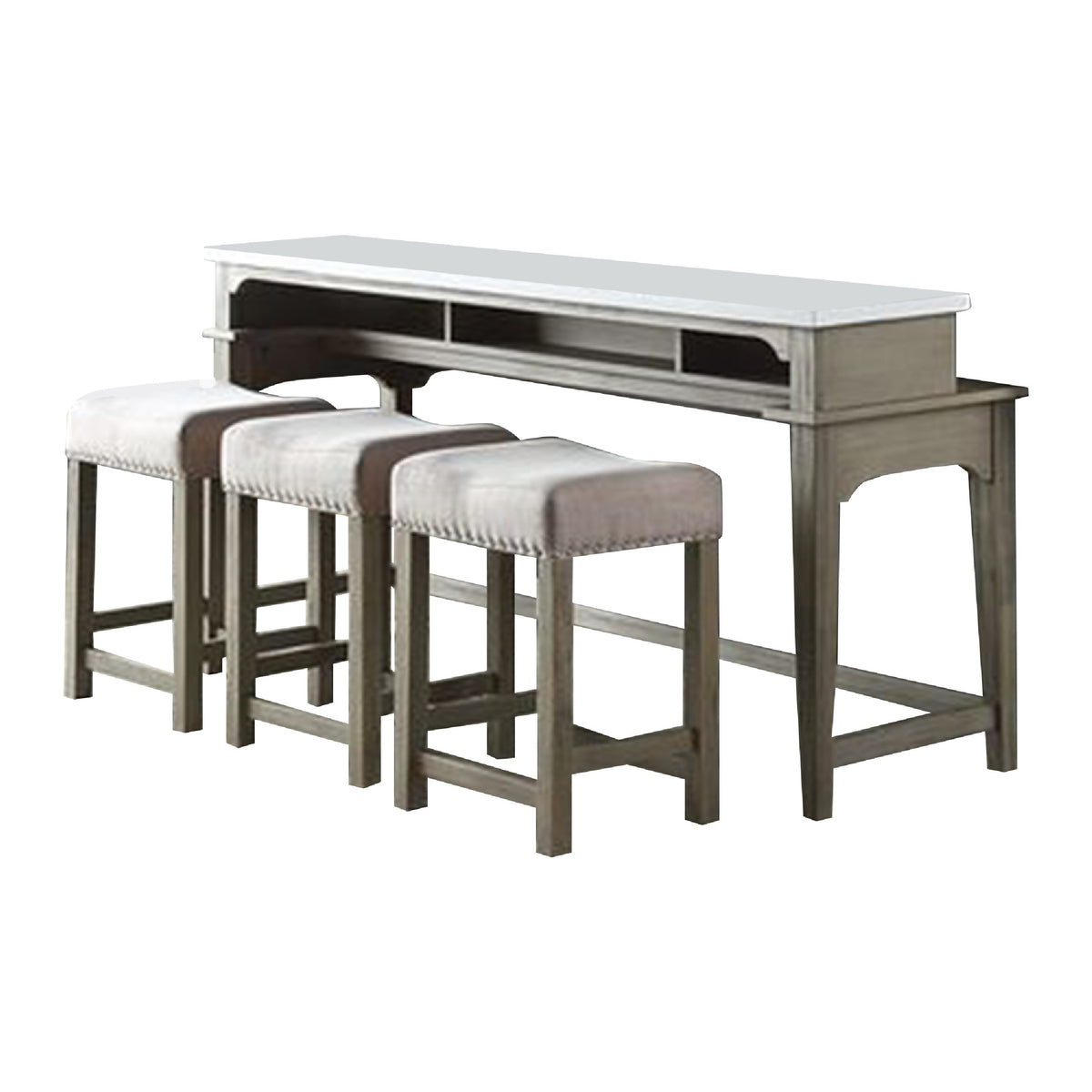4 Piece Counter Height Set With Marble Top And Usb, White And Oak Brown