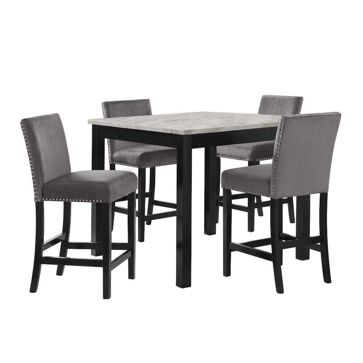 Kate 42 Inch 5 Piece Counter Table Set With Velvet Seating, Gray