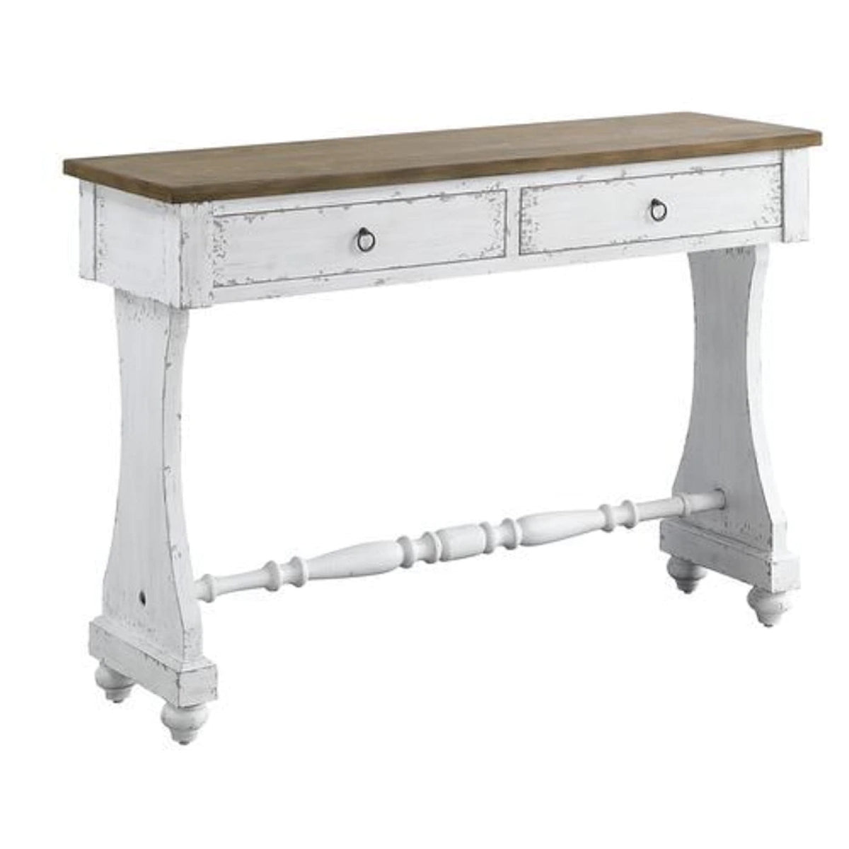 48 Inch 2 Drawer Console Table, Ring Metal Handles, Distressed White