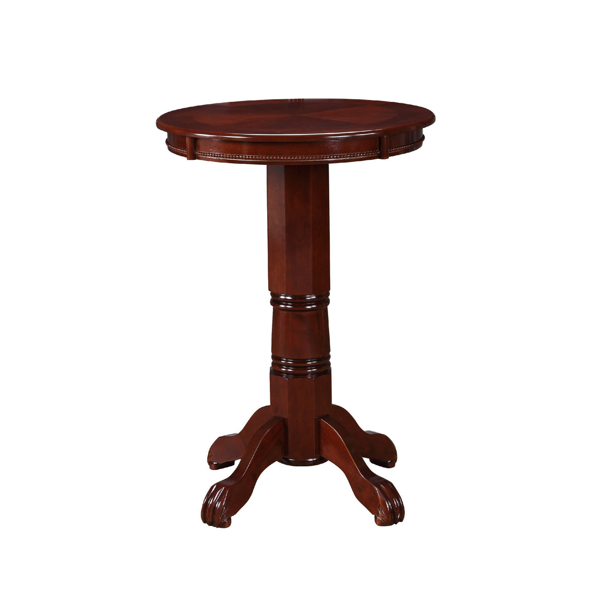 Ava 42 Inch Wood Pub Bar Table, Sunburst Design, Carved Pedestal, Dark Brown