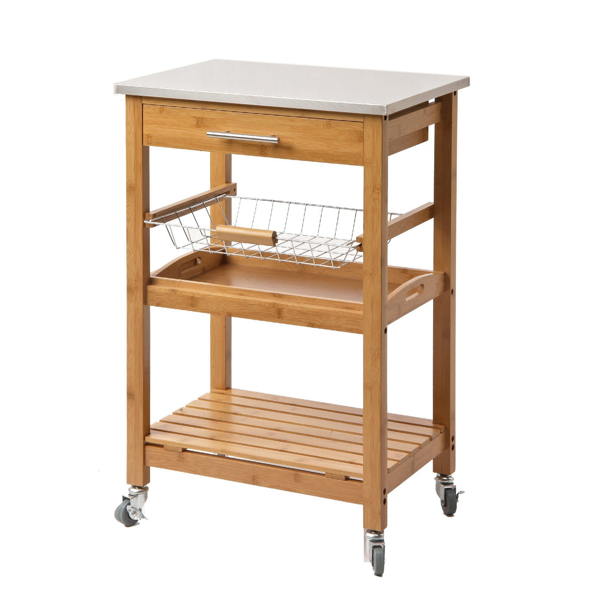 34 Inch Bamboo Kitchen Cart Island, Metal Basket, Stainless Steel Top, Brown
