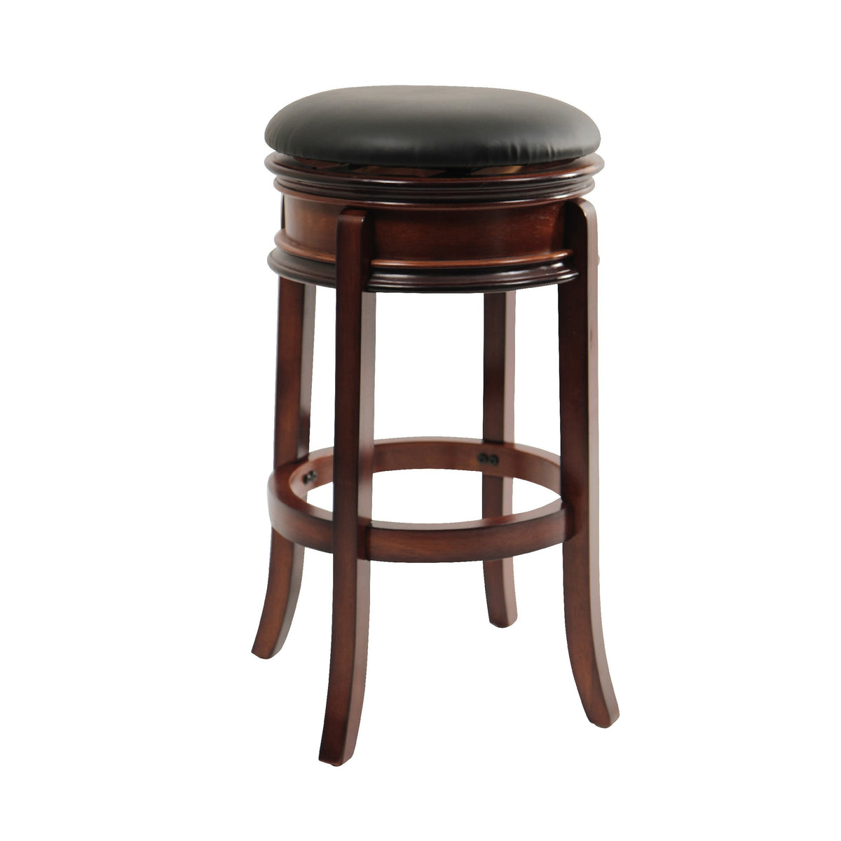Sabi 29 Inch Swivel Counter Stool, Solid Wood, Faux Leather, Brown, Black