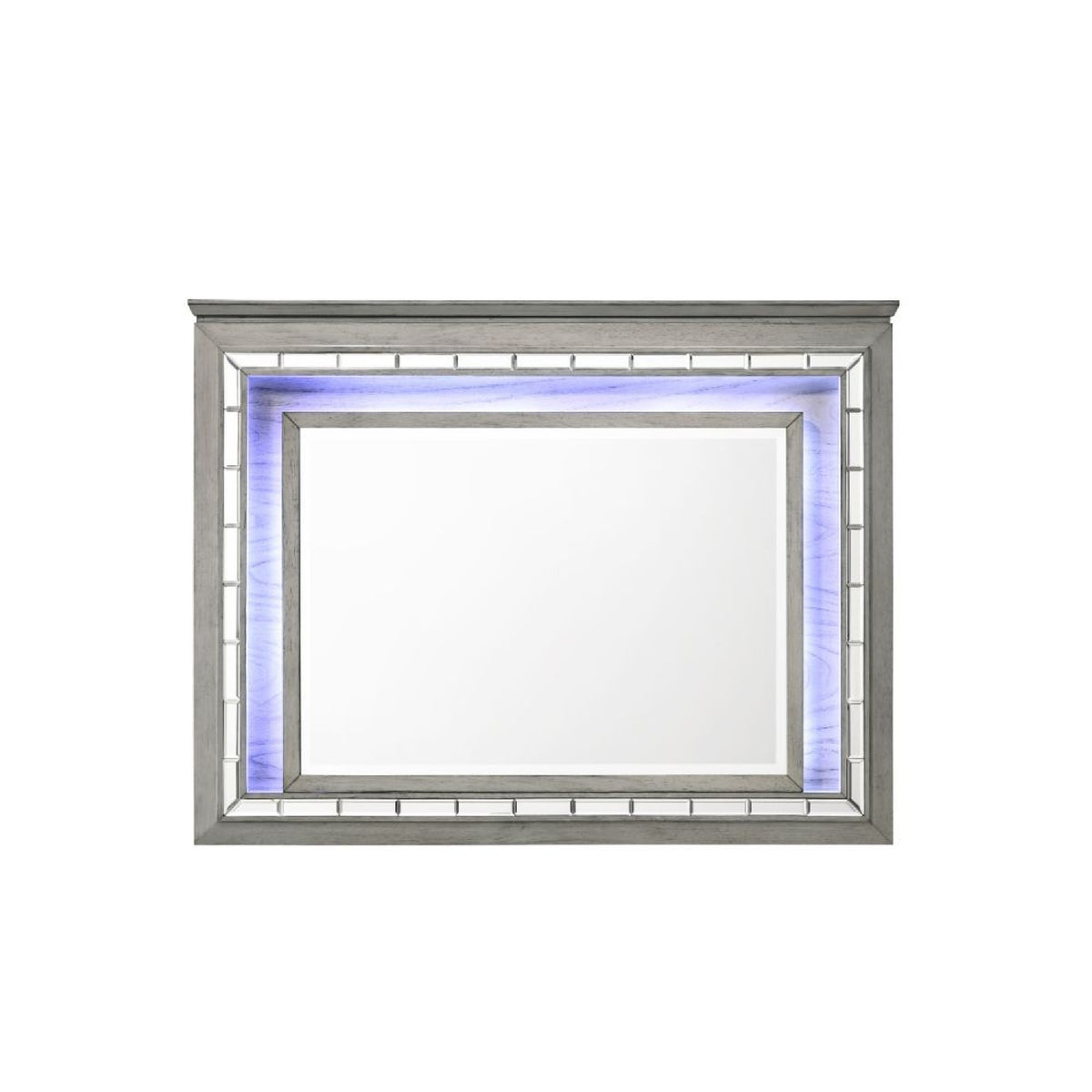 48 Inch Wood Mirror, Led, Mirrored Trim, Landscape, Light Gray
