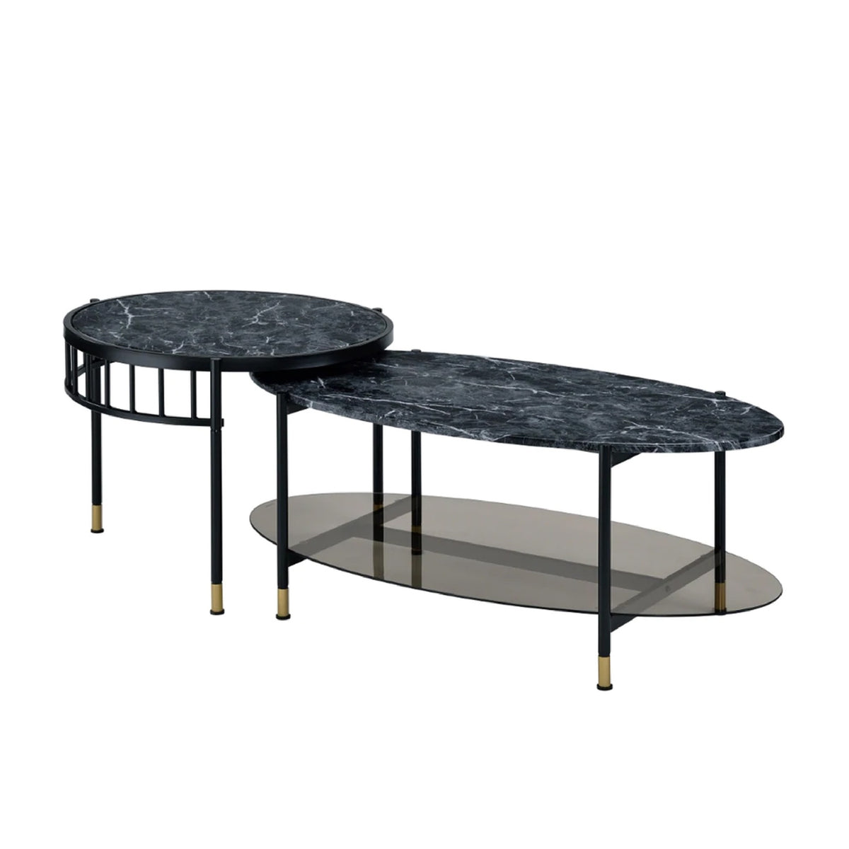 40 Inch 2 Piece Nesting Coffee Table, Faux Marble Top, Glass Shelf, Black