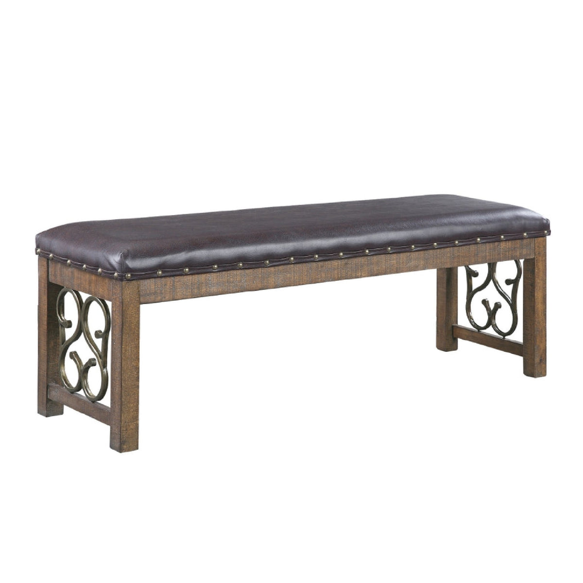 Ral 56 Inch Solid Wood Padded Bench, Metal Scroll Design, Nailhead, Brown