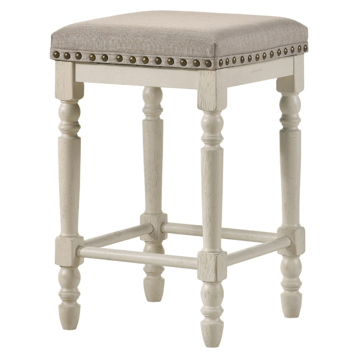 24 Inch Counter Height Stool, Luxe Nailhead Trim, Set Of 2, Antique White