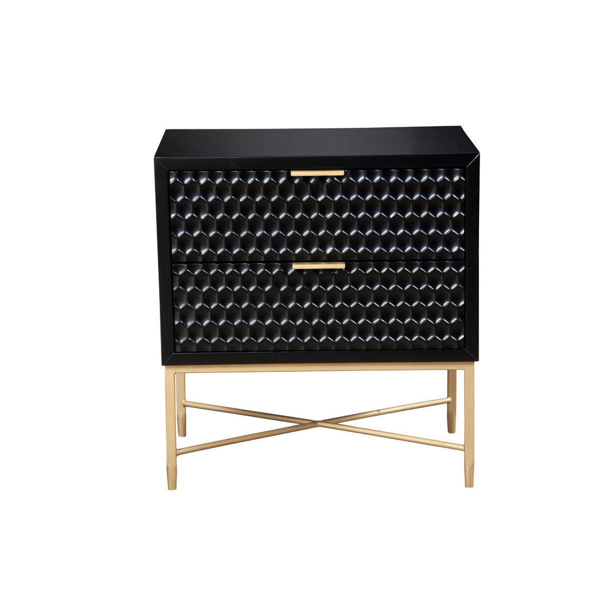 Rexi 26 Inch 2 Drawer Nightstand, Honeycomb, Mahogany Wood, Black, Gold