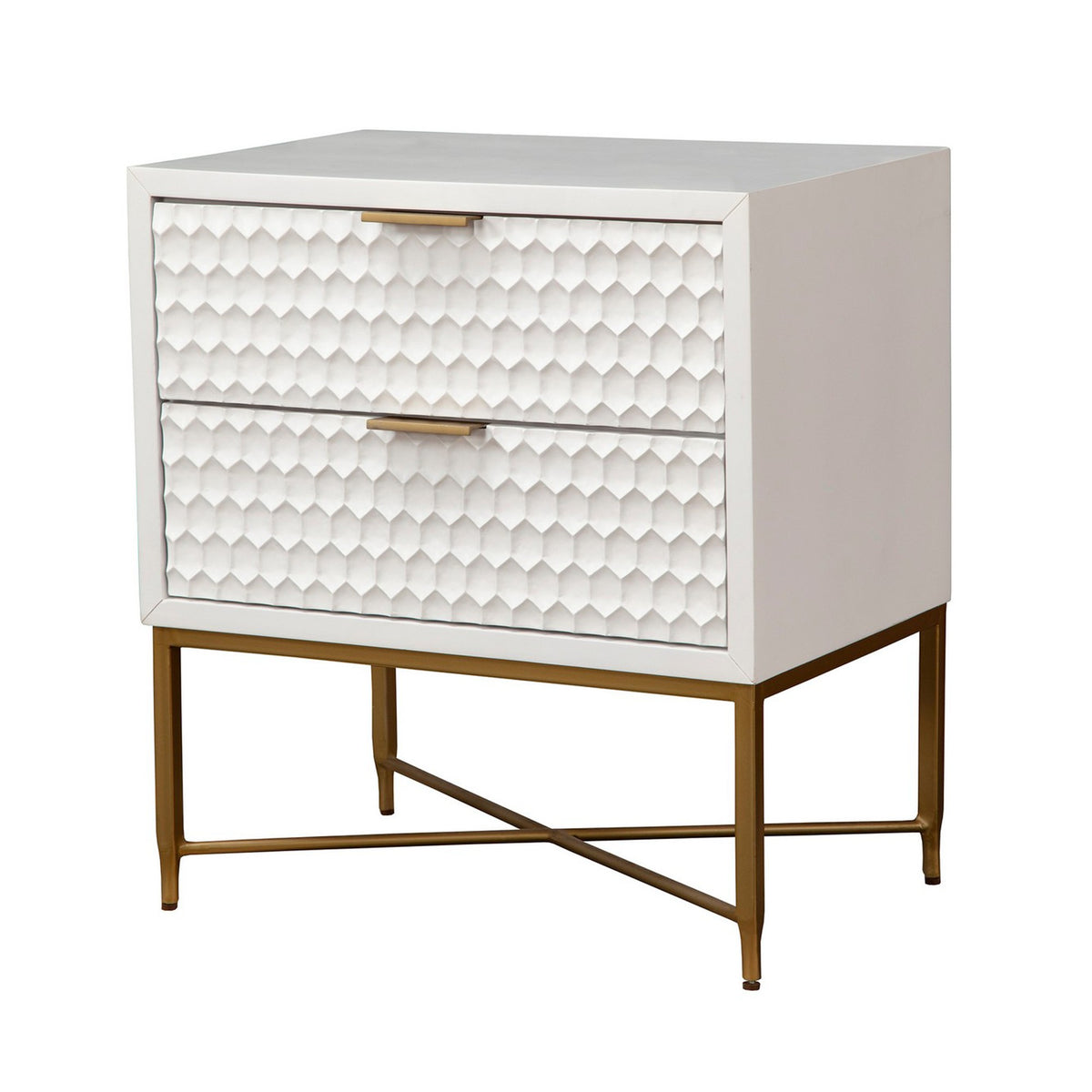Rexi 26 Inch 2 Drawer Nightstand, Honeycomb, Mahogany Wood, White, Gold