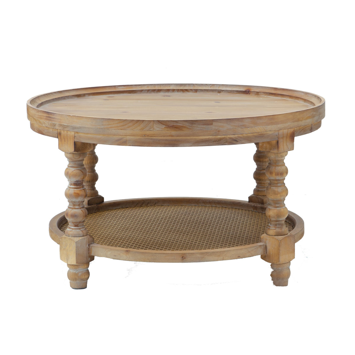 Jake 30 Inch Coffee Table, Fir Wood, Lower Tier Woven Wicker Shelf, Brown