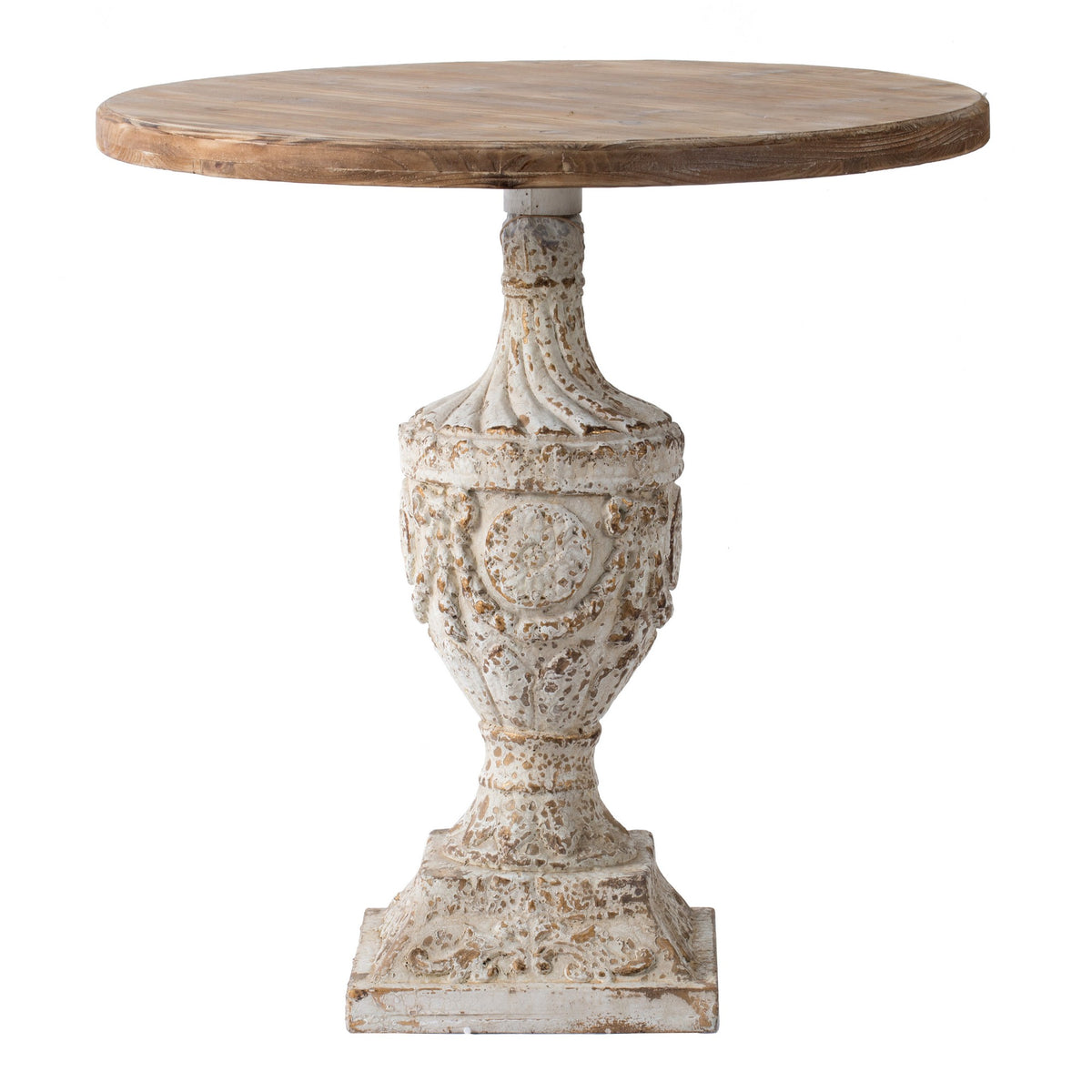 31 Inch Round Accent Side Table, Fir Wood, Engraved, Brown, Antique White