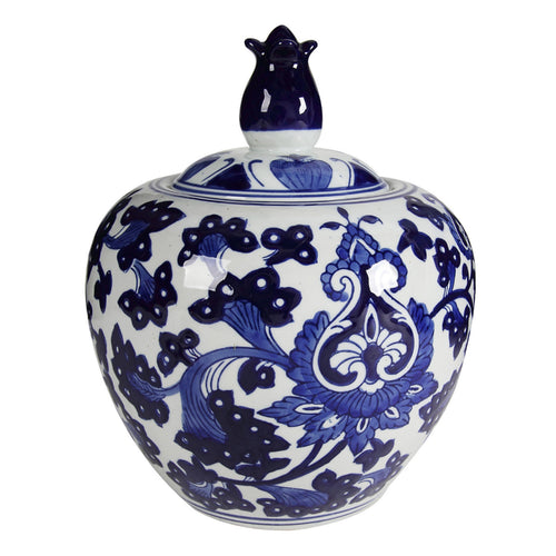 10 Inch Lidded Jar, Round Persian Floral Print, Blue And White Porcelain
