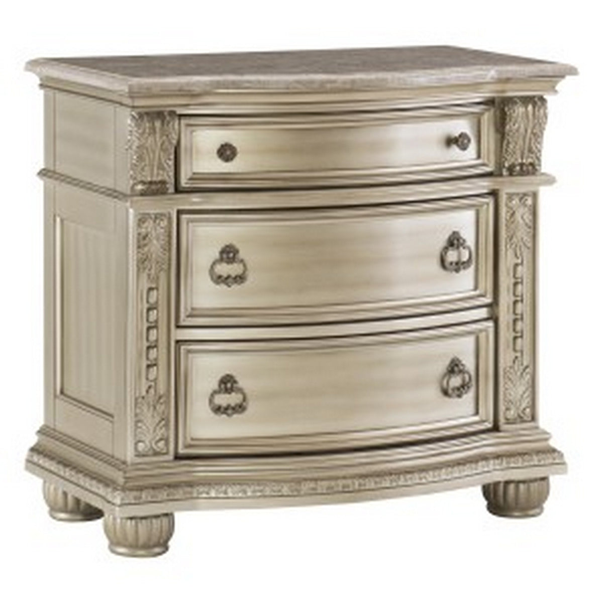 Caitlin 35 Inch 3 Drawer Nightstand With Marble Top, Leaf Carvings, Silver