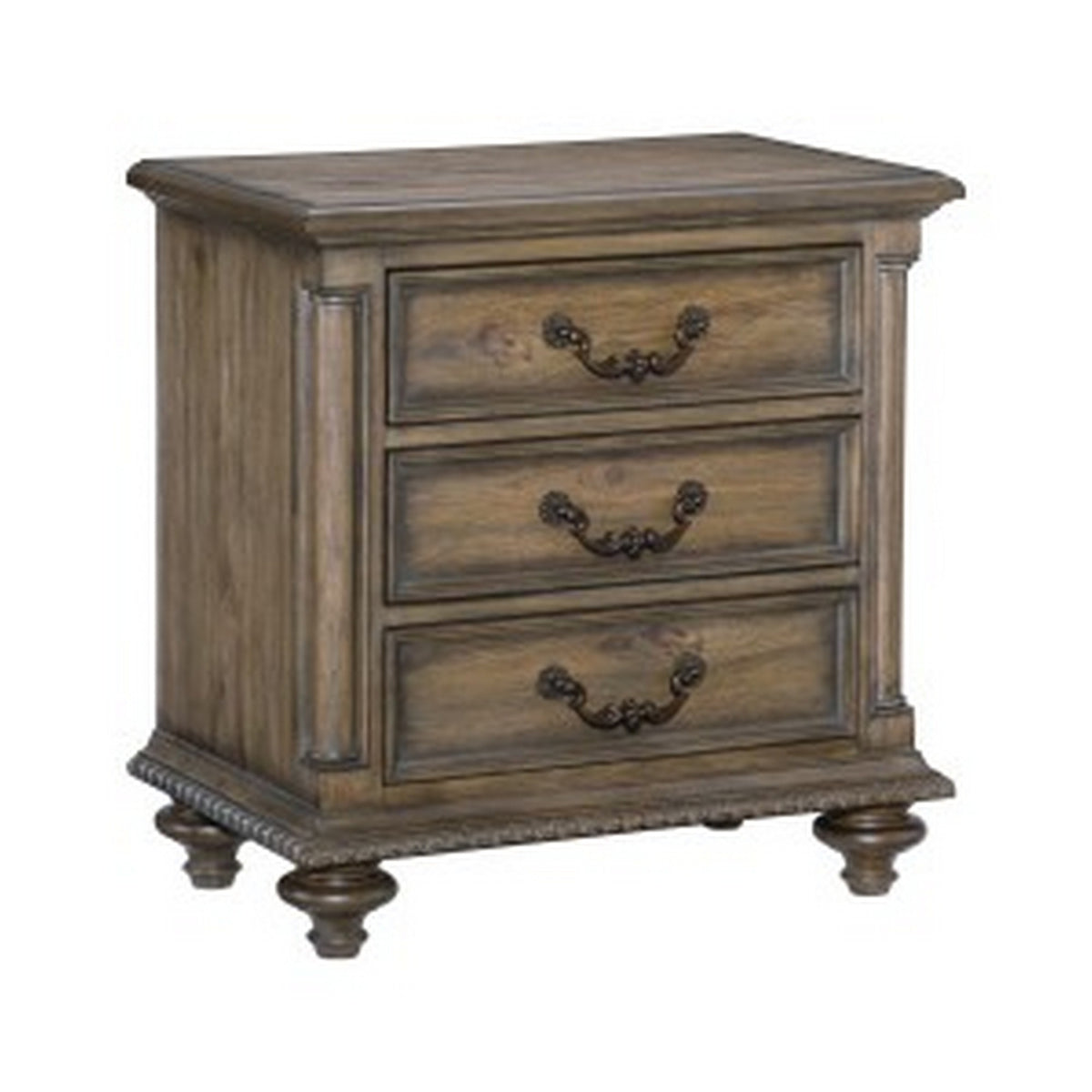 Danya 29 Inch 3 Drawer Nightstand, Metal Drop Handles, Turned Legs, Brown