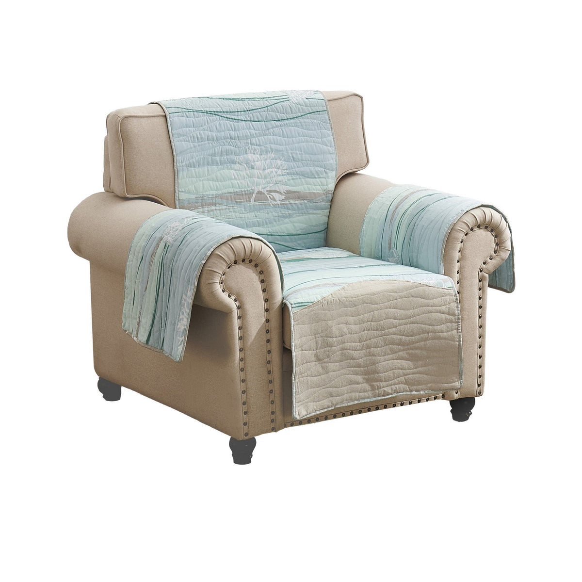 Niha 81 Inch Armchair Cover With Ocean Wave Print And Quilting, Multicolor