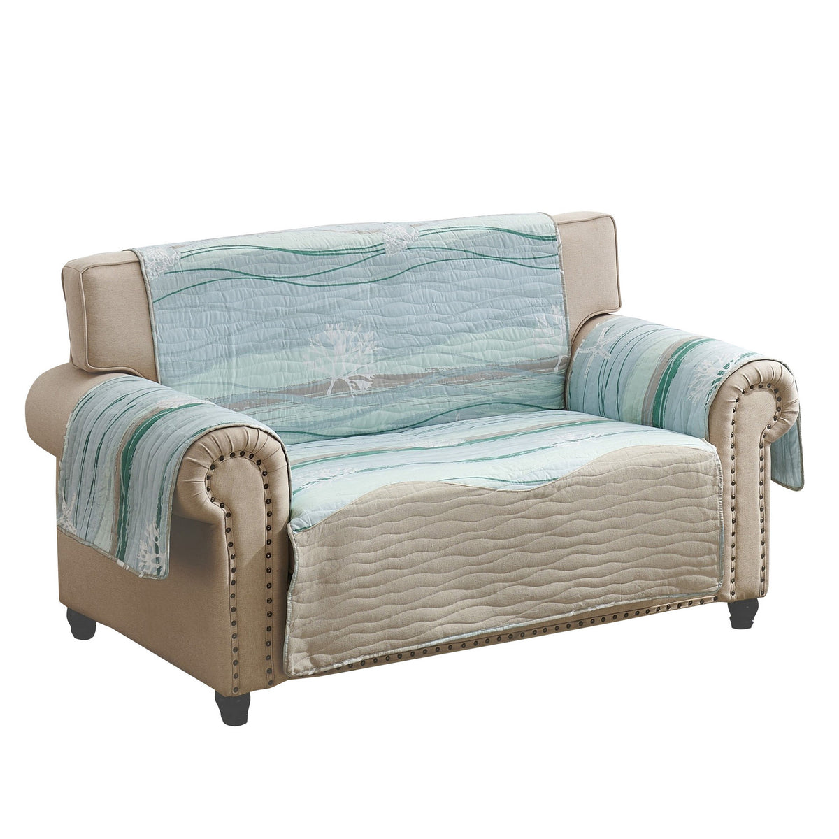 Niha 103 Inch Loveseat Cover With Ocean Wave Print And Quilting, Multicolor