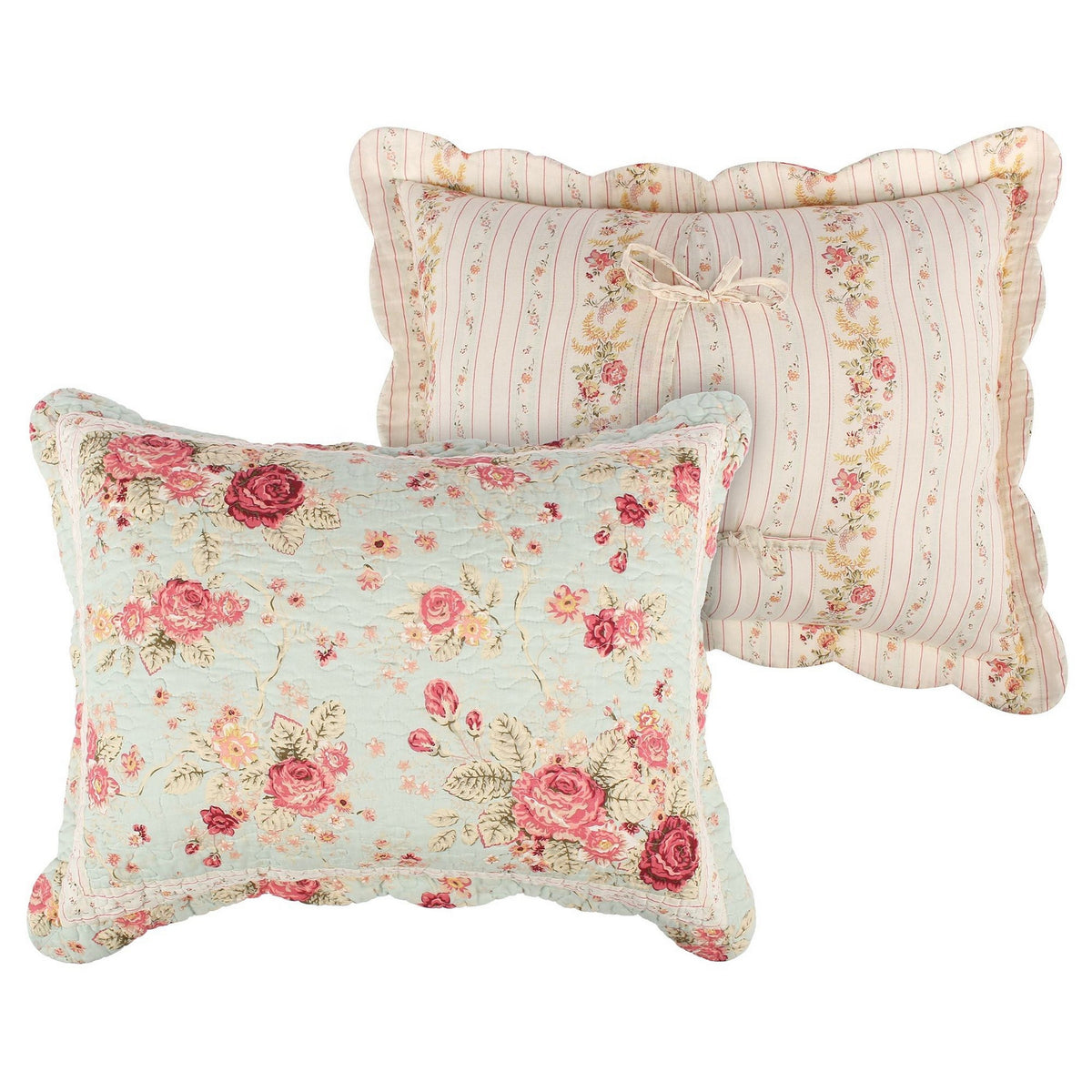 Rosle 36 Inch King Pillow Sham, Scallop Edges, Floral Pinstripe Blue Cotton