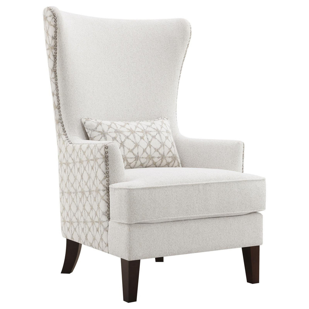 31 Inch Accent Armchair, Elegant Wingback, Rubberwood, Latte Beige Fabric