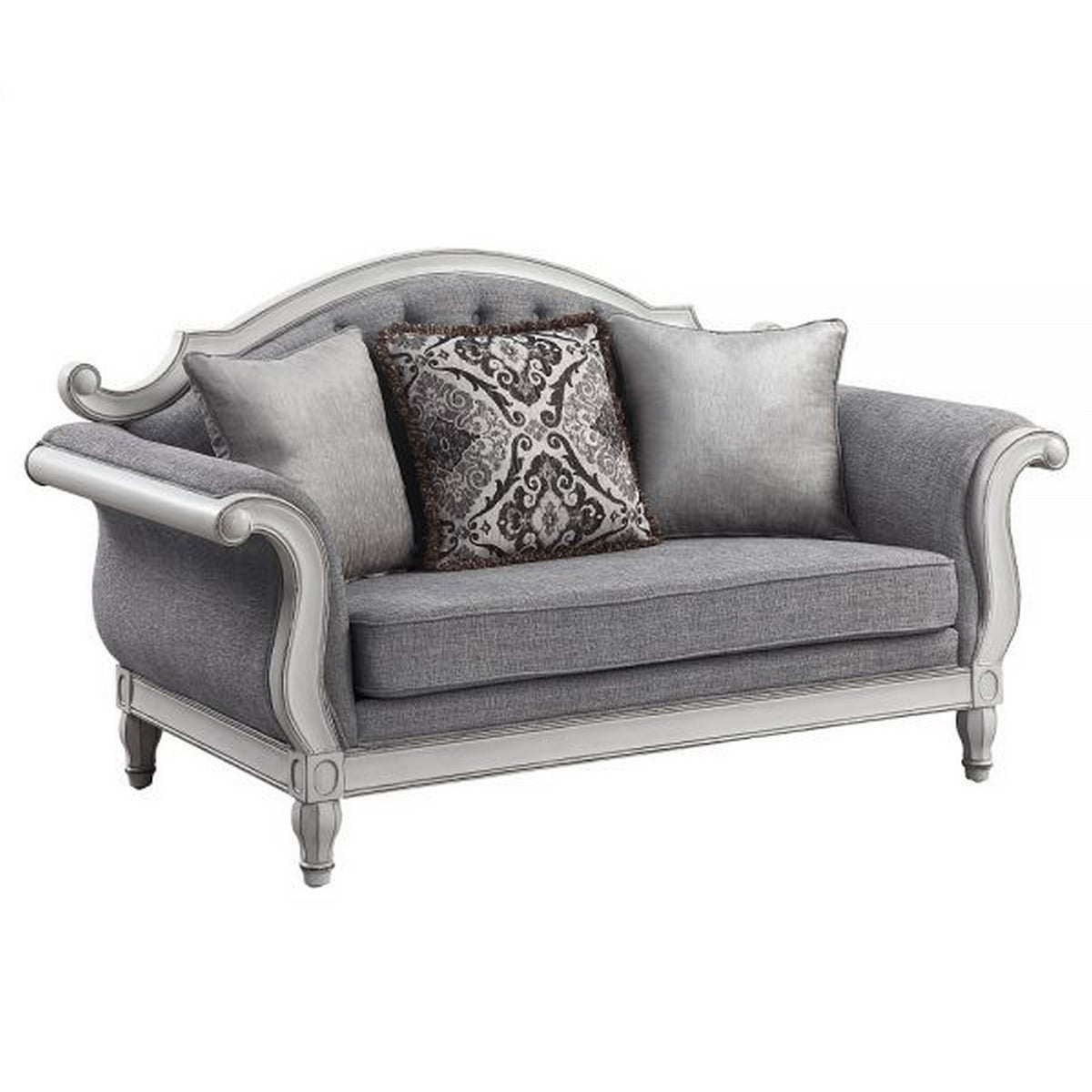 Fil 71 Inch Loveseat With 3 Pillows, Fabric Upholstery, Poplar Wood, Gray