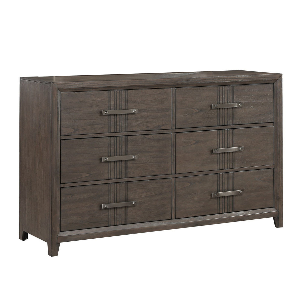 Wali 62 Inch Dresser, 6 Drawer, Black Handles, Modern Walnut Brown Finish