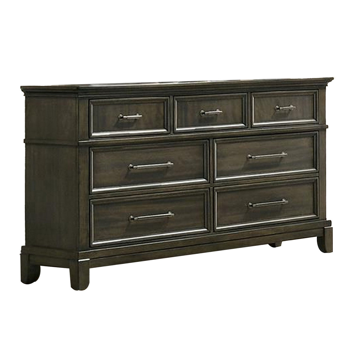 Ston 63 Inch Wide Dresser Chest, 7 Drawers, Pewter Handles, Wood, Gray