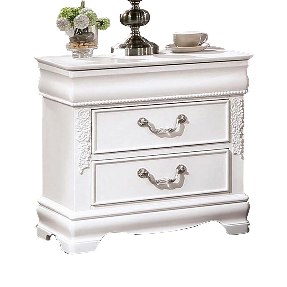 Aleci 24 Inch Nightstand, 2 Drawers, Carved Details, Solid Wood, White
