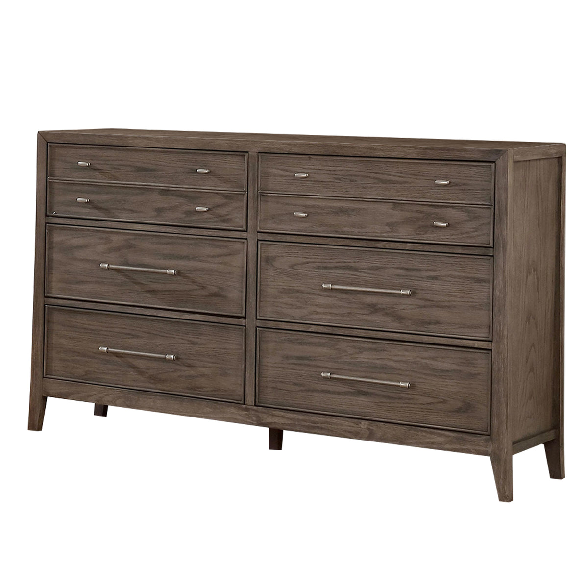 57 Inch Wide Dresser Chest, 8 Drawers, Solid Wood In A Warm Gray Finish
